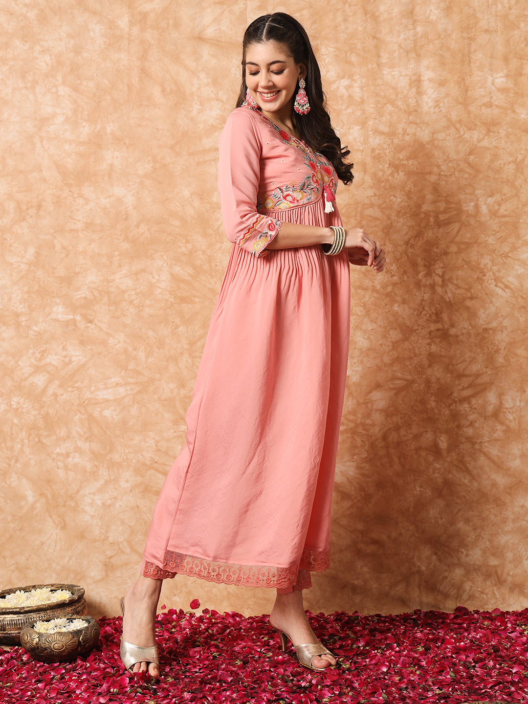 FLORAL YOKE DESIGN EMPIRE THREAD WORK KURTA WITH TROUSERS & DUPATTA