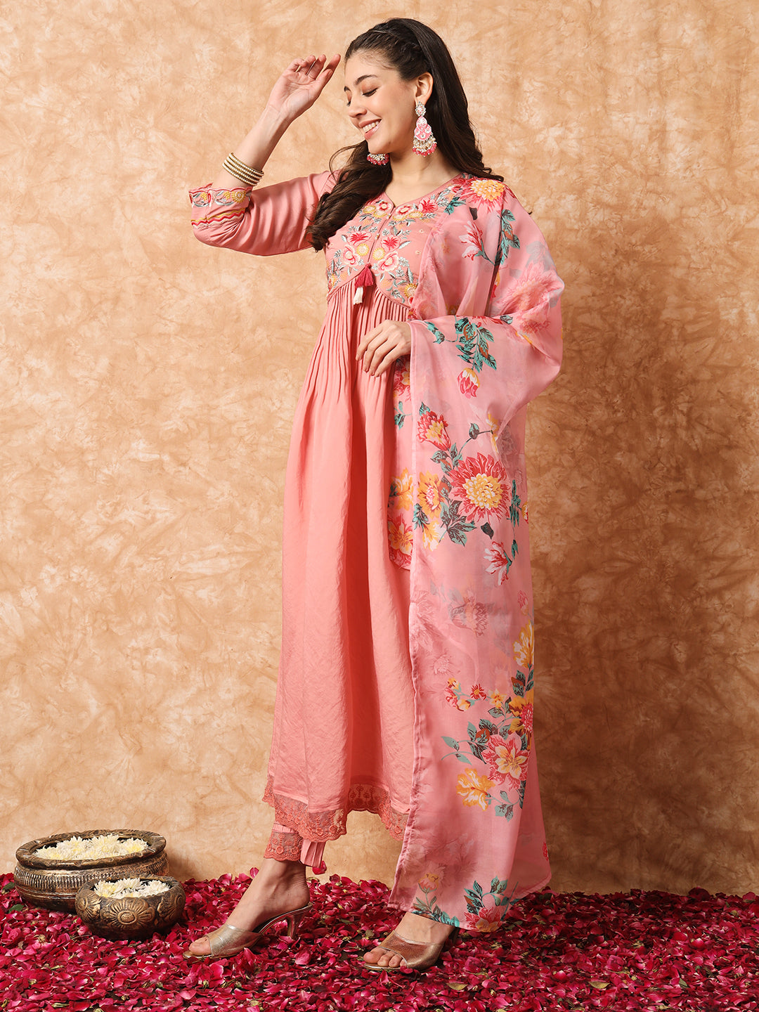 FLORAL YOKE DESIGN EMPIRE THREAD WORK KURTA WITH TROUSERS & DUPATTA