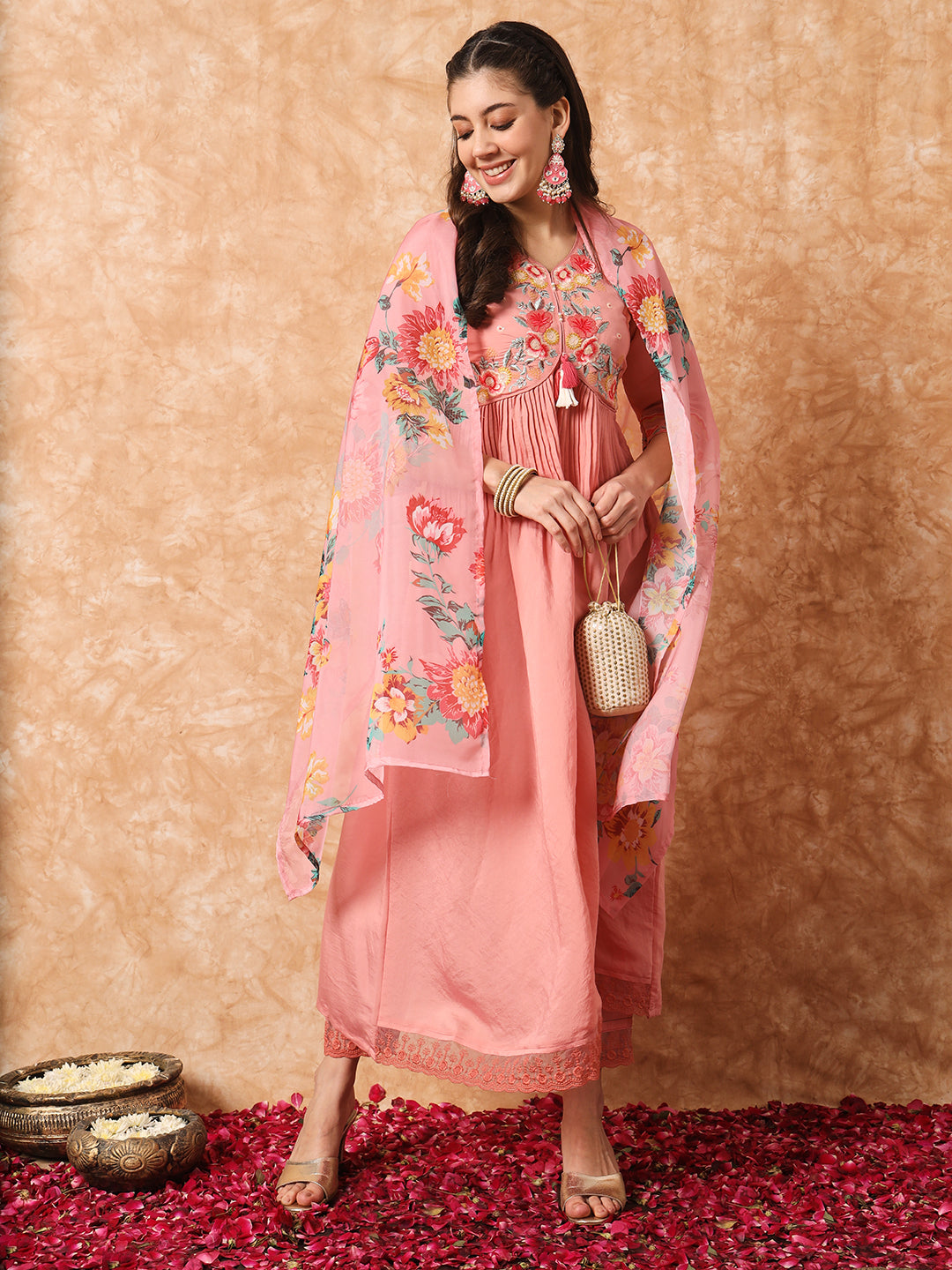 FLORAL YOKE DESIGN EMPIRE THREAD WORK KURTA WITH TROUSERS & DUPATTA