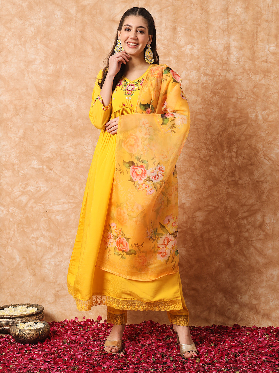 Floral Yoke Design Empire Thread Work Kurta With Trousers & Dupatta