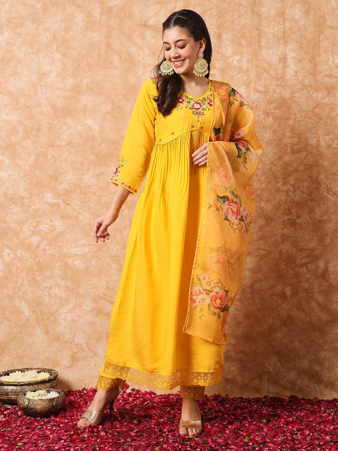 Floral Yoke Design Empire Thread Work Kurta With Trousers & Dupatta