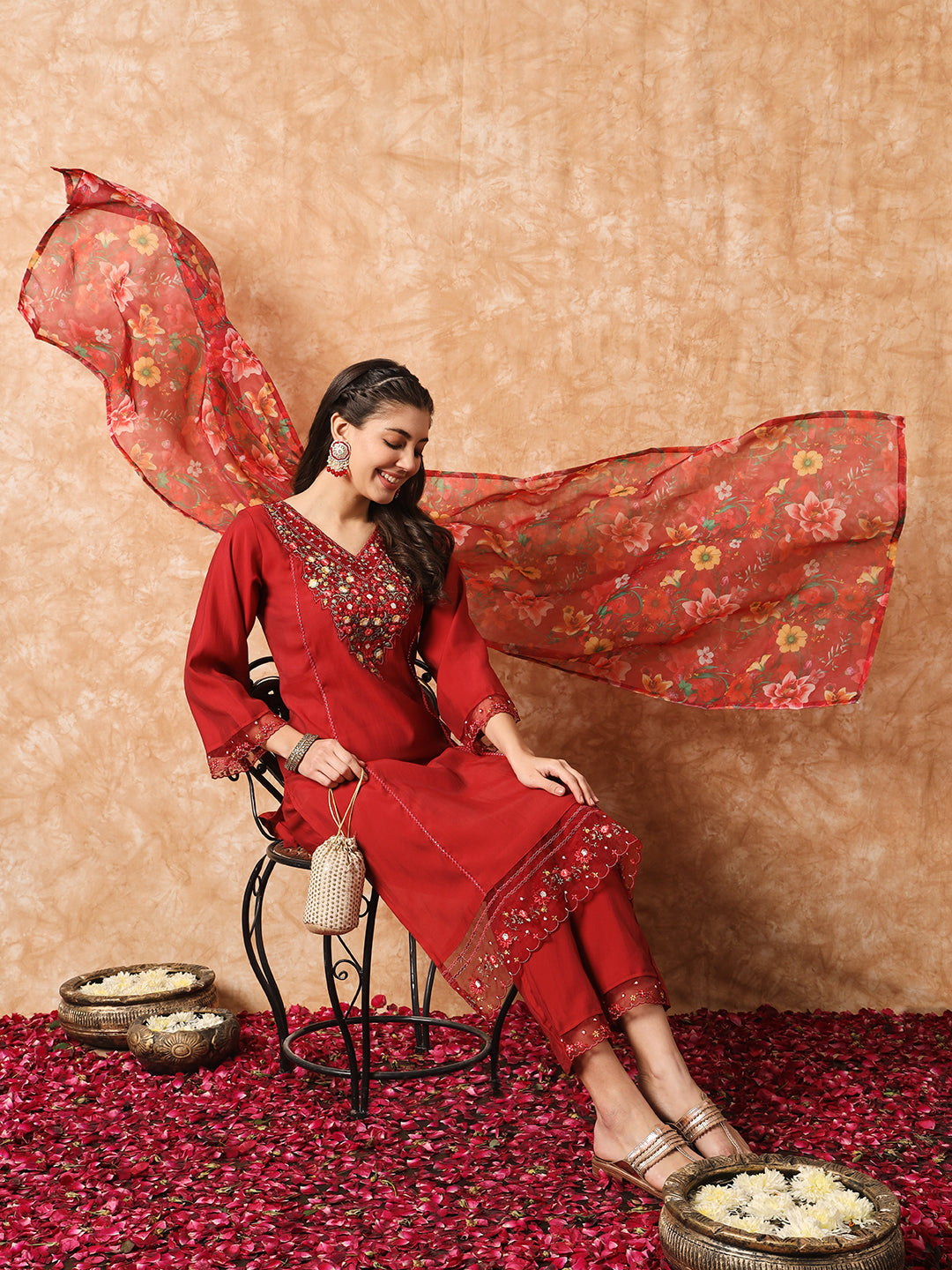 WOMEN EMBROIDERED STRAIGHT KURTA WITH PANTS & DUPATTA