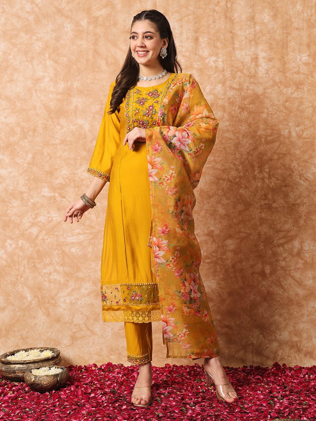 WOMEN EMBROIDERED STRAIGHT KURTA WITH PANTS & DUPATTA