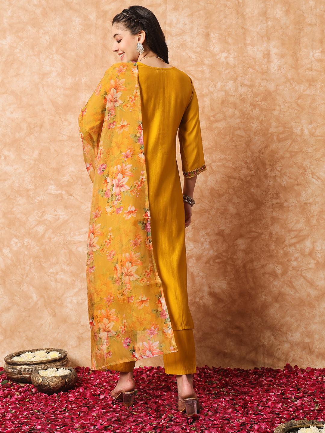 WOMEN EMBROIDERED STRAIGHT KURTA WITH PANTS & DUPATTA