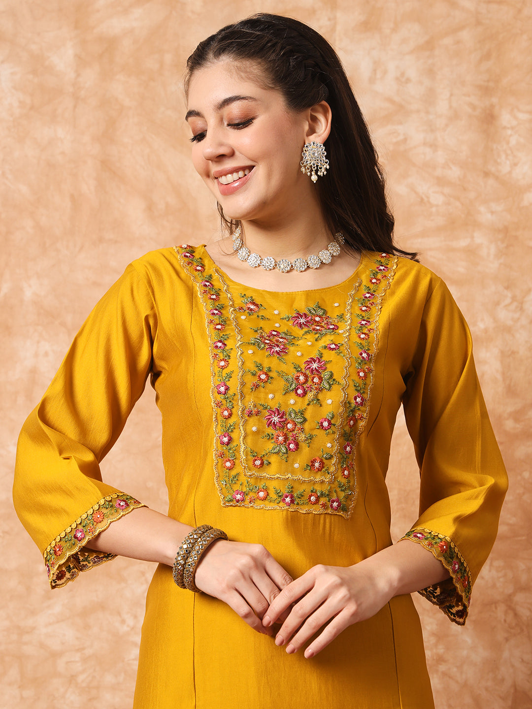 WOMEN EMBROIDERED STRAIGHT KURTA WITH PANTS & DUPATTA