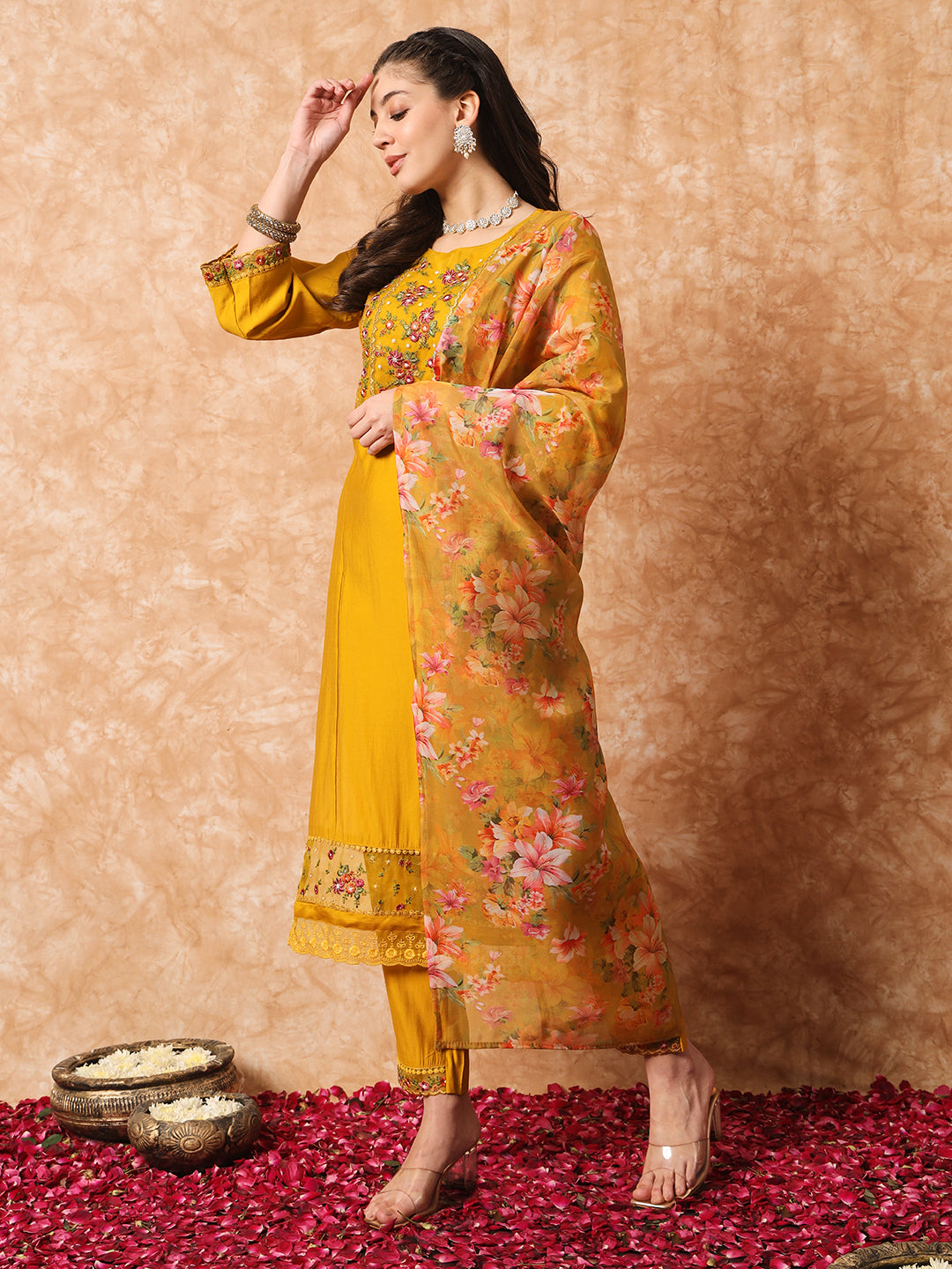 WOMEN EMBROIDERED STRAIGHT KURTA WITH PANTS & DUPATTA