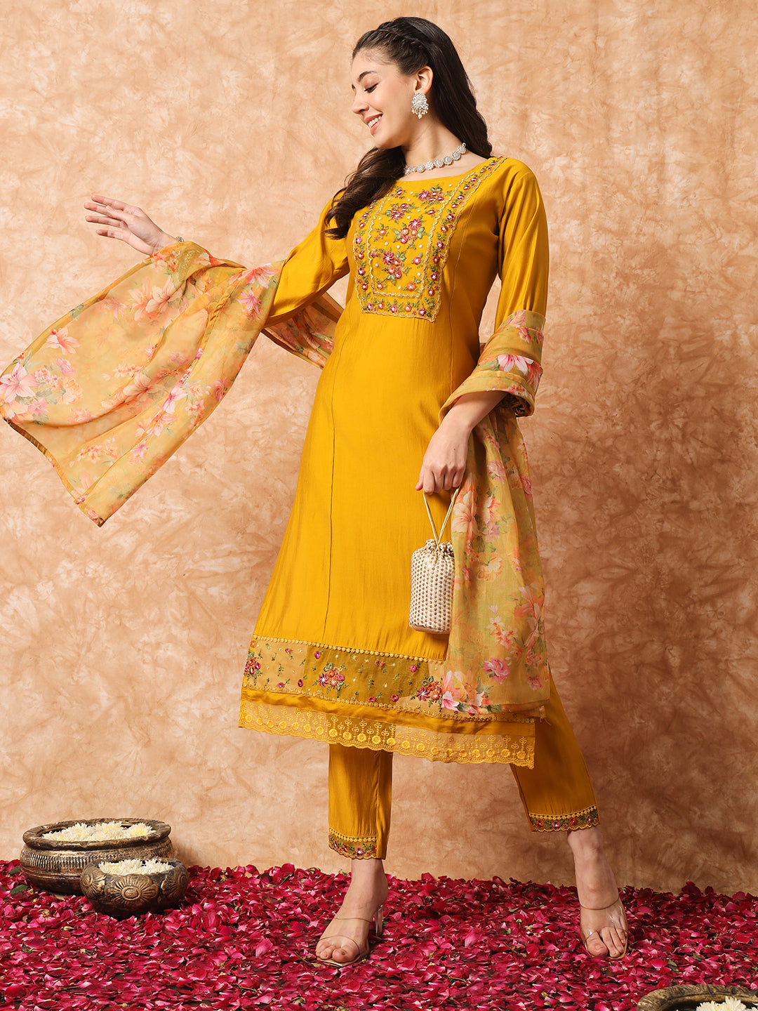 WOMEN EMBROIDERED STRAIGHT KURTA WITH PANTS & DUPATTA