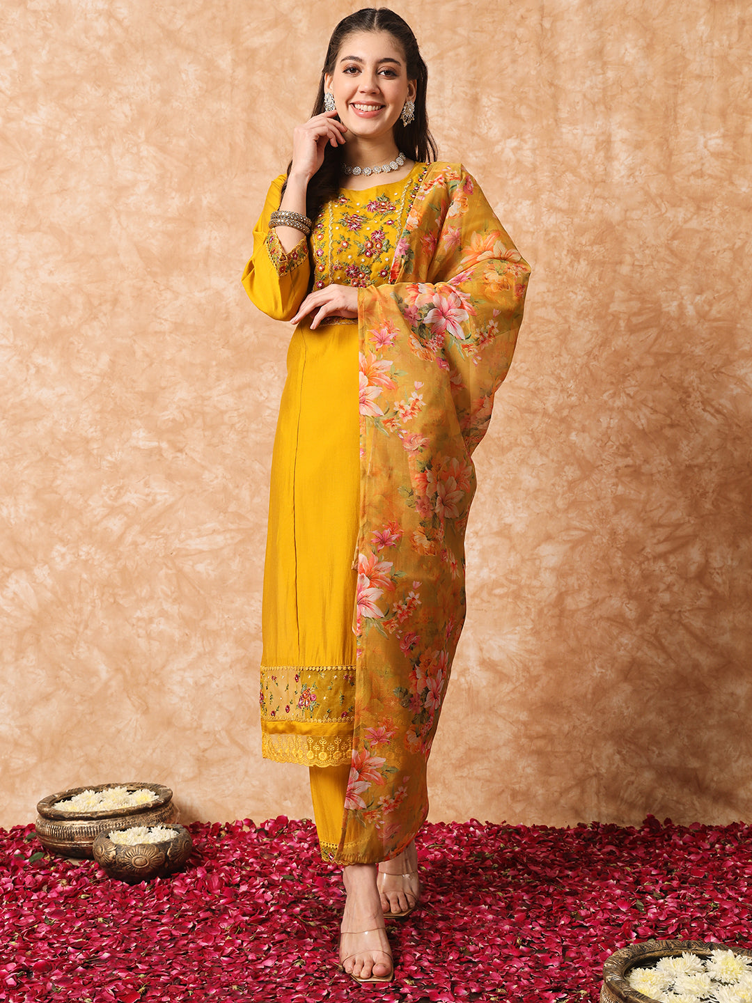 WOMEN EMBROIDERED STRAIGHT KURTA WITH PANTS & DUPATTA