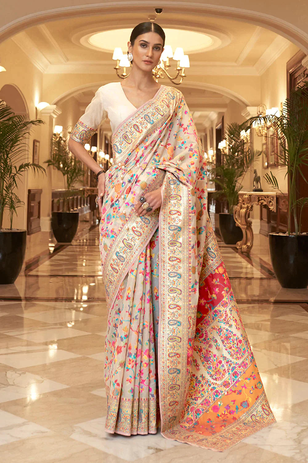 Creamy Off-White Kashmiri Modal Handloom Weaving Saree