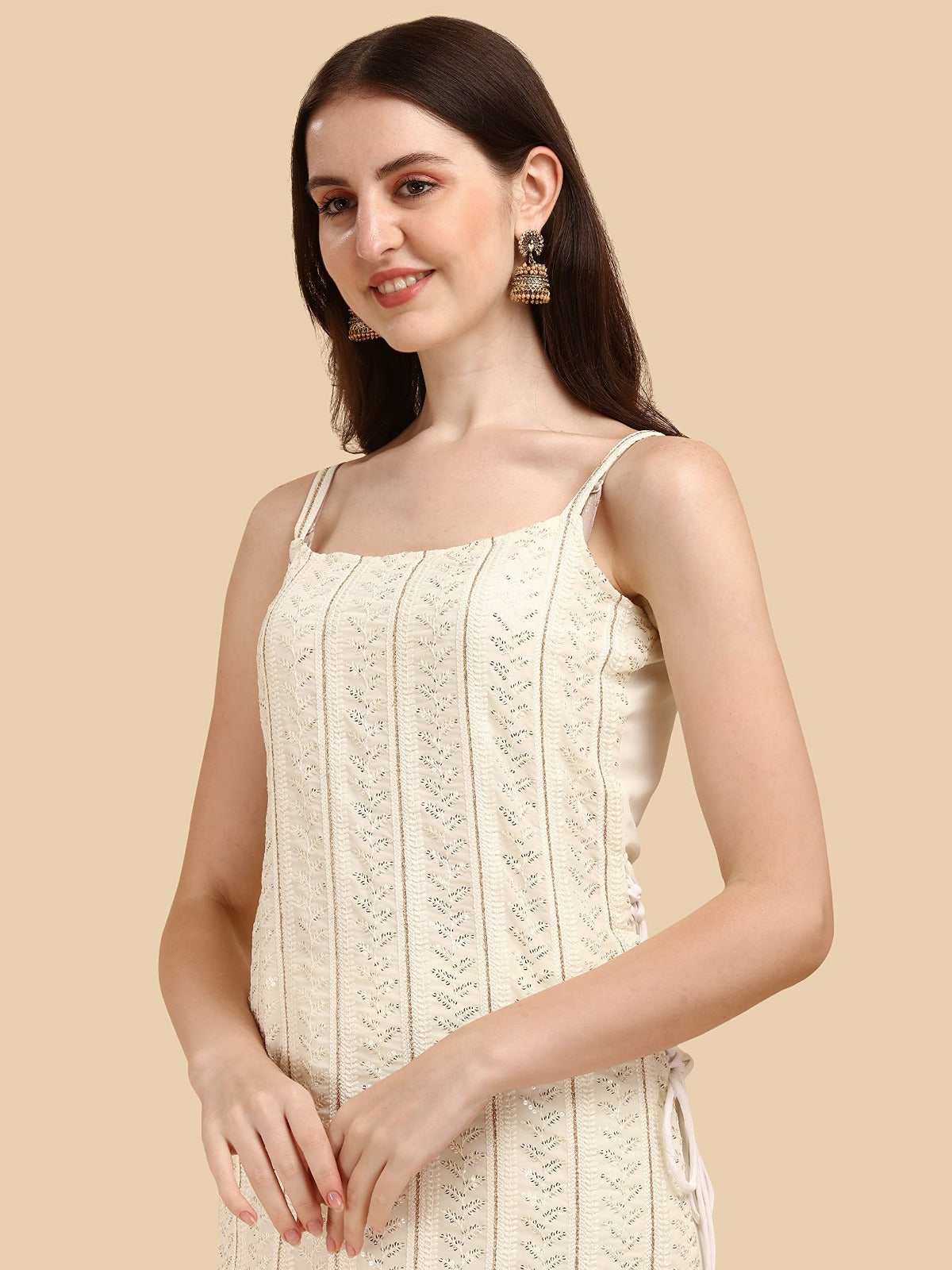 Women Off- White Coloured Embroidered Chikankari Top with Sharara & Dupatta Set