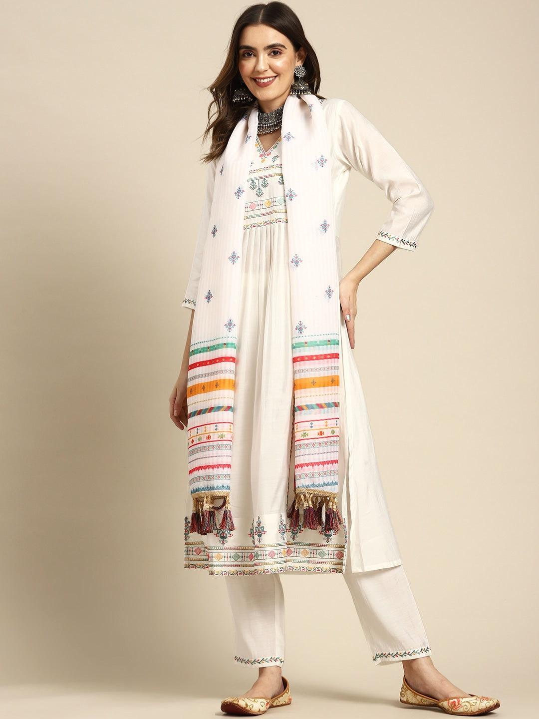 Women V-NECK Embroidered CHINON kurta set